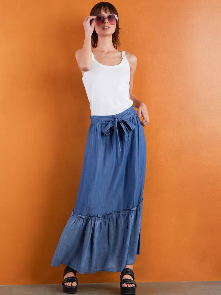 East Blue Soft Denim Maxi Skirt for wholesale on Faire