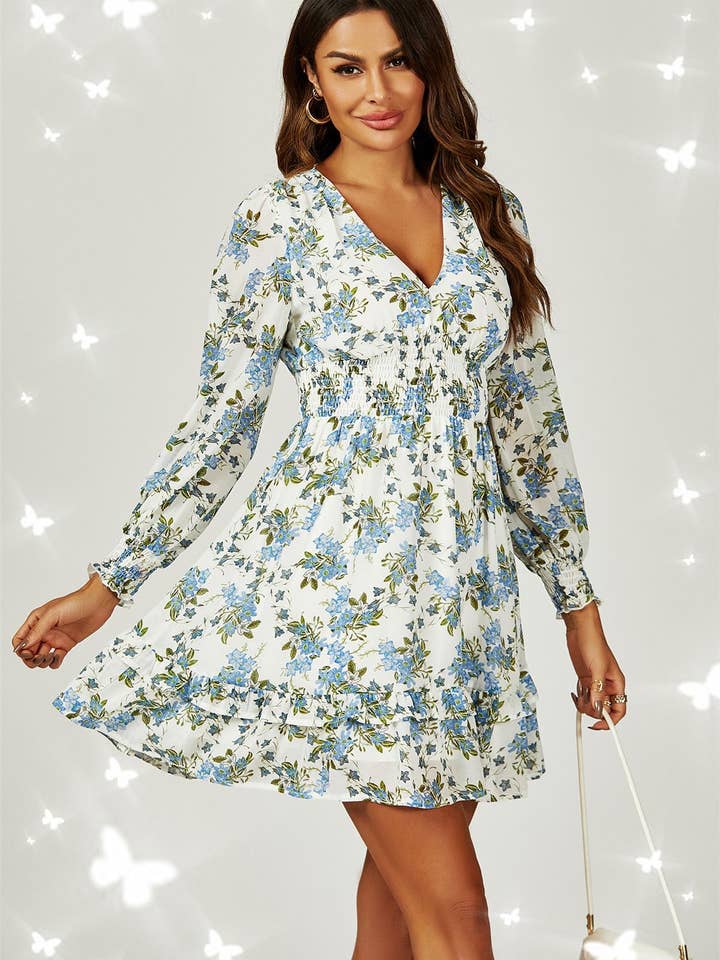 Hvid Langærmet minikjole med blomsterprint flæsehæm i hvid for engroshandel på Faire5