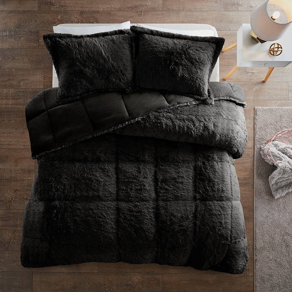 Olliix - Wholesale Bedding Set - Shaggy Fur 3-Piece Comforter/Duvet Cover Set, Black2