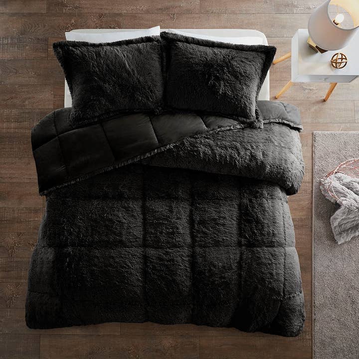Olliix - Wholesale Bedding Set - Shaggy Fur 3-Piece Comforter/Duvet Cover Set, Black2