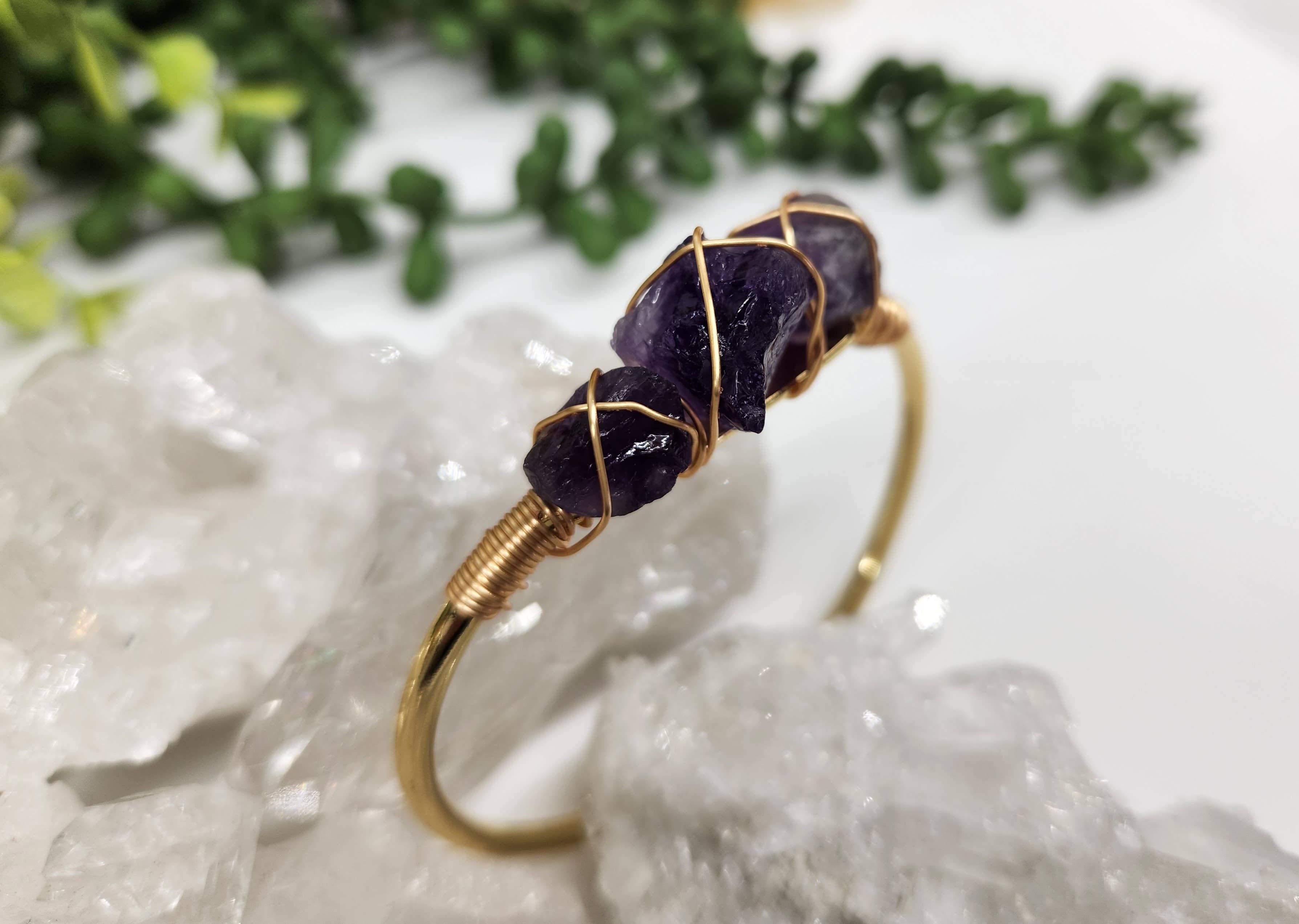 Meraki Gemstones - Wholesale Cuff Bracelet - Amethyst 3 Rough Gemstones Wire Wrapped Bangle Bracelet3