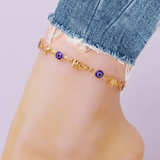 18K Gold Plated Elephant blue evil eye anklet for wholesale by Karrbear