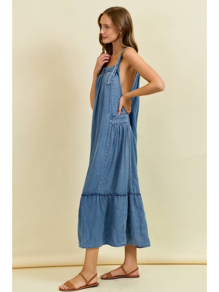 Doe and Rae - Wholesale Dress - Women's - TENCEL MAXI OVERALL DRESS WITH TIERED RUFFLE - 28134D3