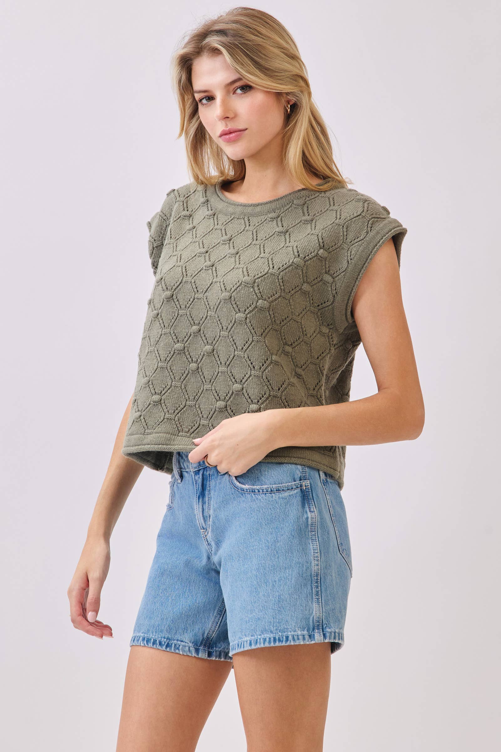 Final Touch – Top de malha - Mulher por atacado – Top de Malha com Manga Curta e Bainha Enrolada - VW612712