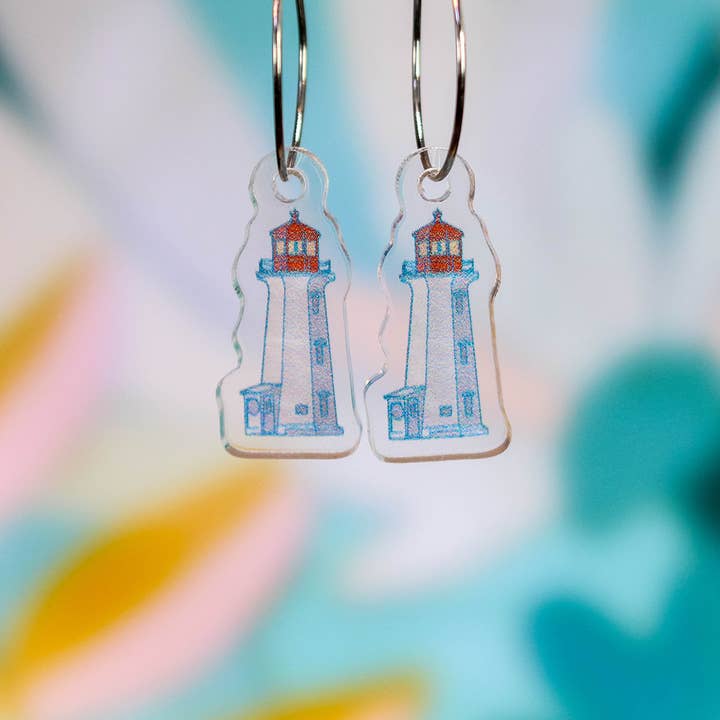 Peggy's Cove Lighthouse Earrings, Cute Nautical Dangles for wholesale by Paper Pattern Silk