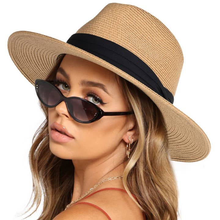 AK Brand - Wholesale Straw hat – women's - Wide Brim Straw Fedora Sun Hat Black Band Panama UV Hat10