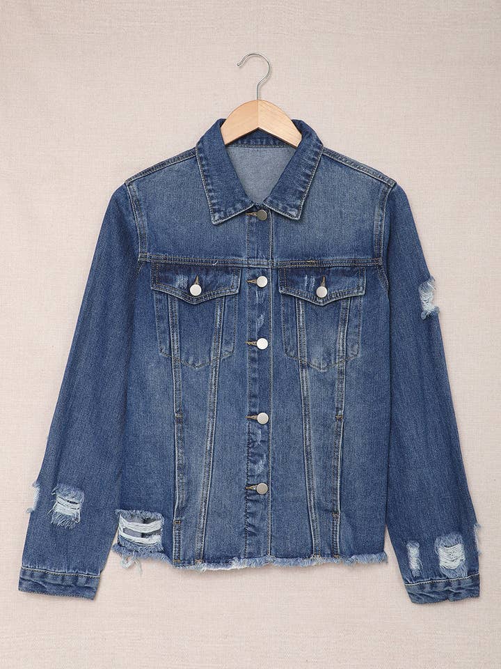 Blue Lapel Distressed Raw Hem Buttons Denim Jacket for wholesale on Faire6