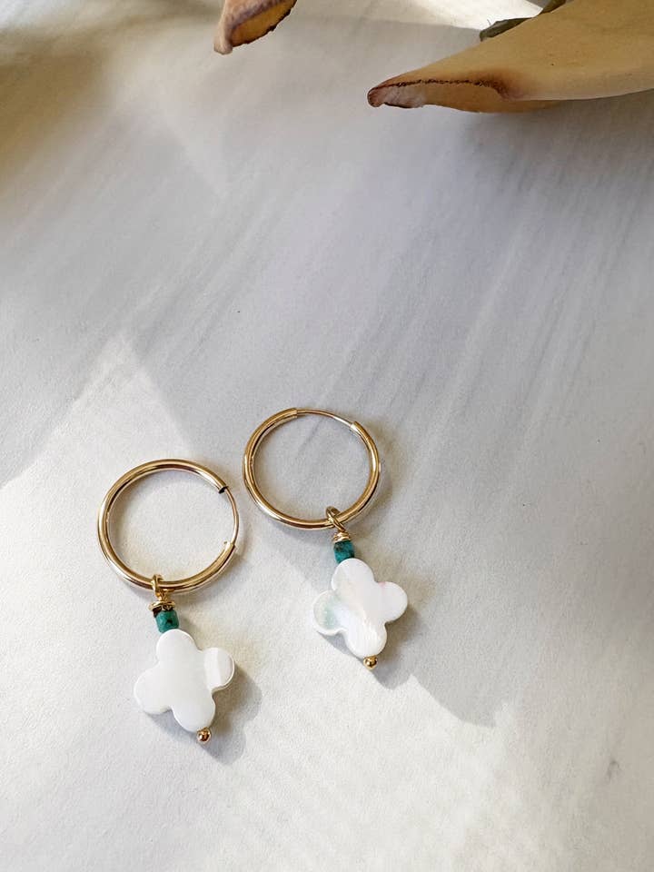 Gold Filled Small Endless Hoops Mother of Pearl Flower for wholesale by Quinn Sharp Handmade