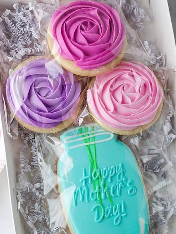 Mother’s Day Sugar Cookies -Rosette Flower gift box for wholesale by Frosted Cupcakery Bakery