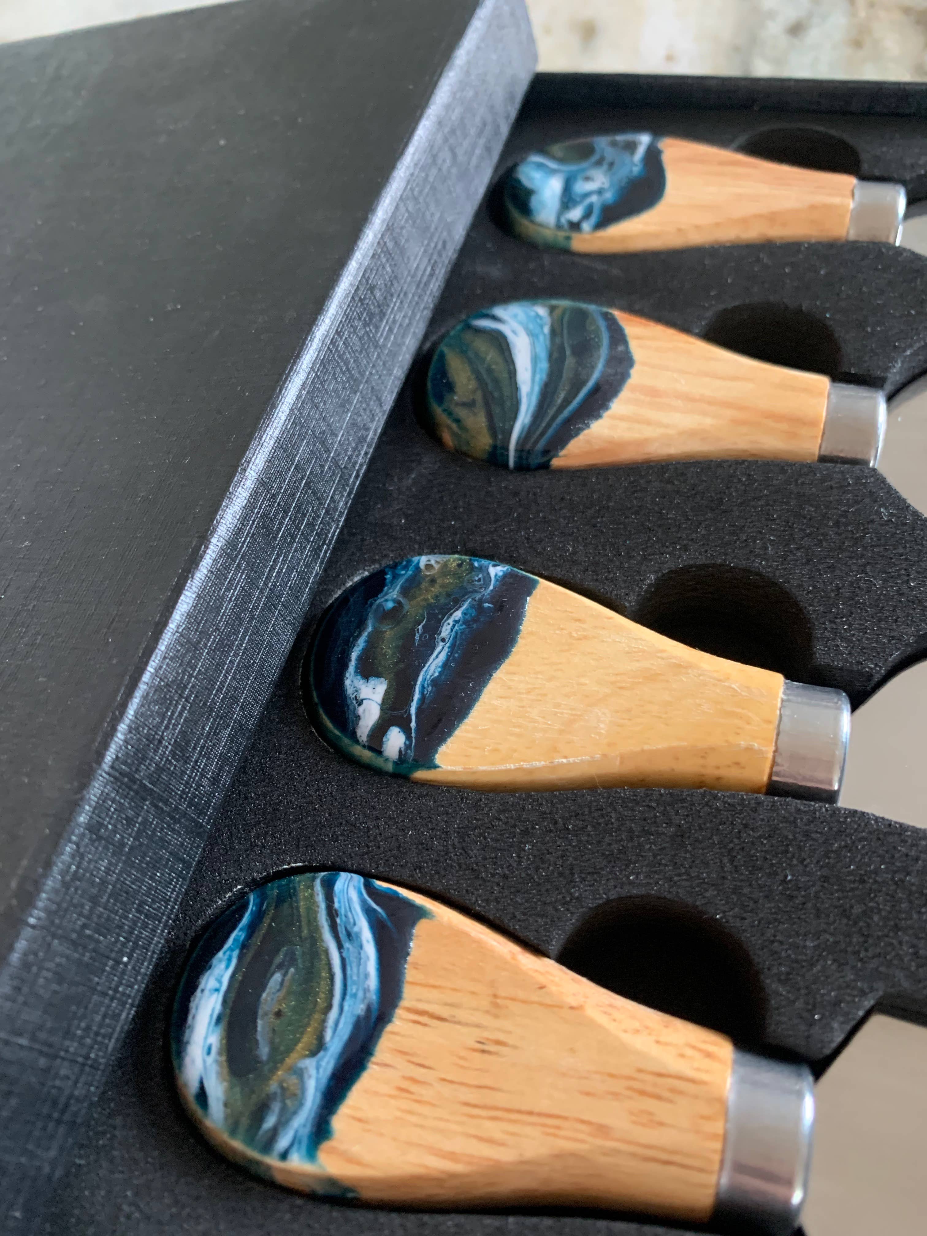 Nikita Fine Art LLC - Wholesale Kitchen Utensil Set - Cheese Utensil Set of 4 with black box organic resin poured4