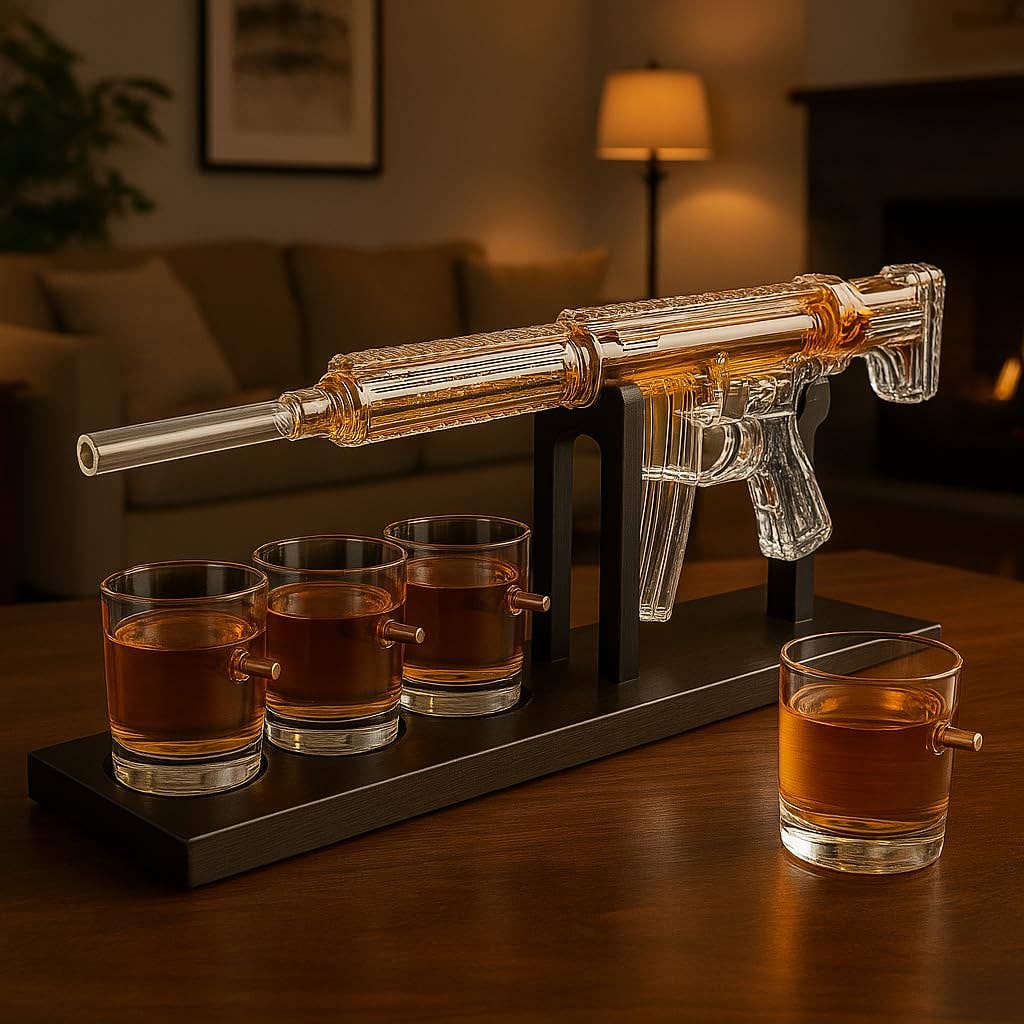 The Wine Savant /  Khen Glassware - Wholesale Decanter - AR15 Whiskey Gun Decanter Set 1000 ml & 4 Bullet Glasses6