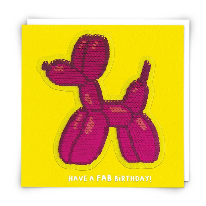 Biglietto di auguri con cane palloncino e toppa di paillettes riutilizzabile per la vendita all'ingrosso da parte di Redback Cards UK