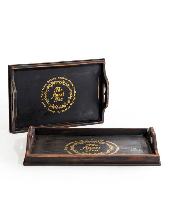 McGowan & Rutherford Ltd - Wholesale Serving Tray - Set of 2 Antique Black Wooden 'Finest Tea' Trays0