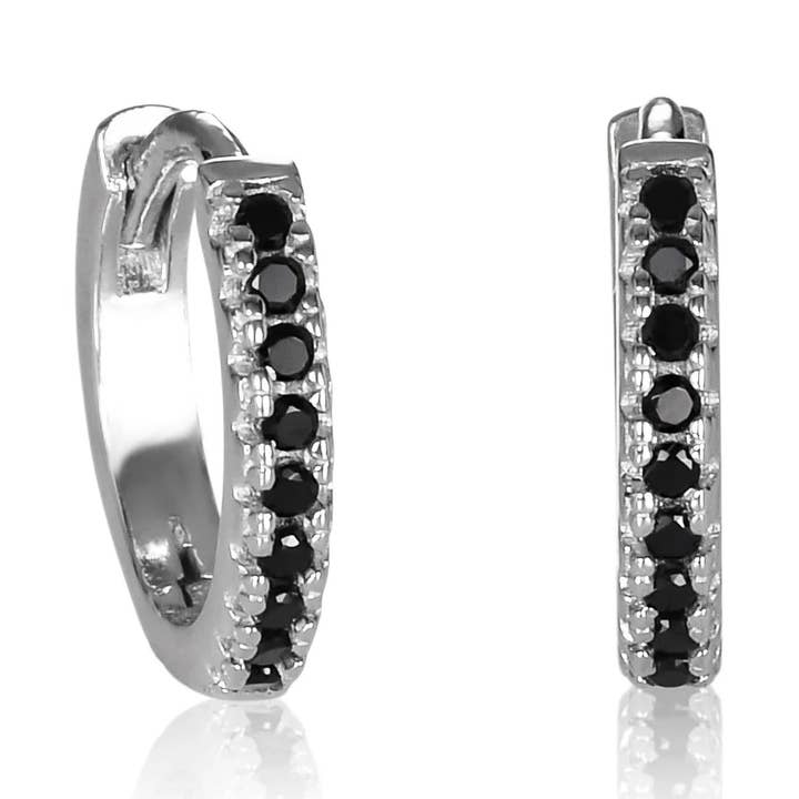 Dainty Silver Mini Hoop Earrings for women with black stones for wholesale by Namana