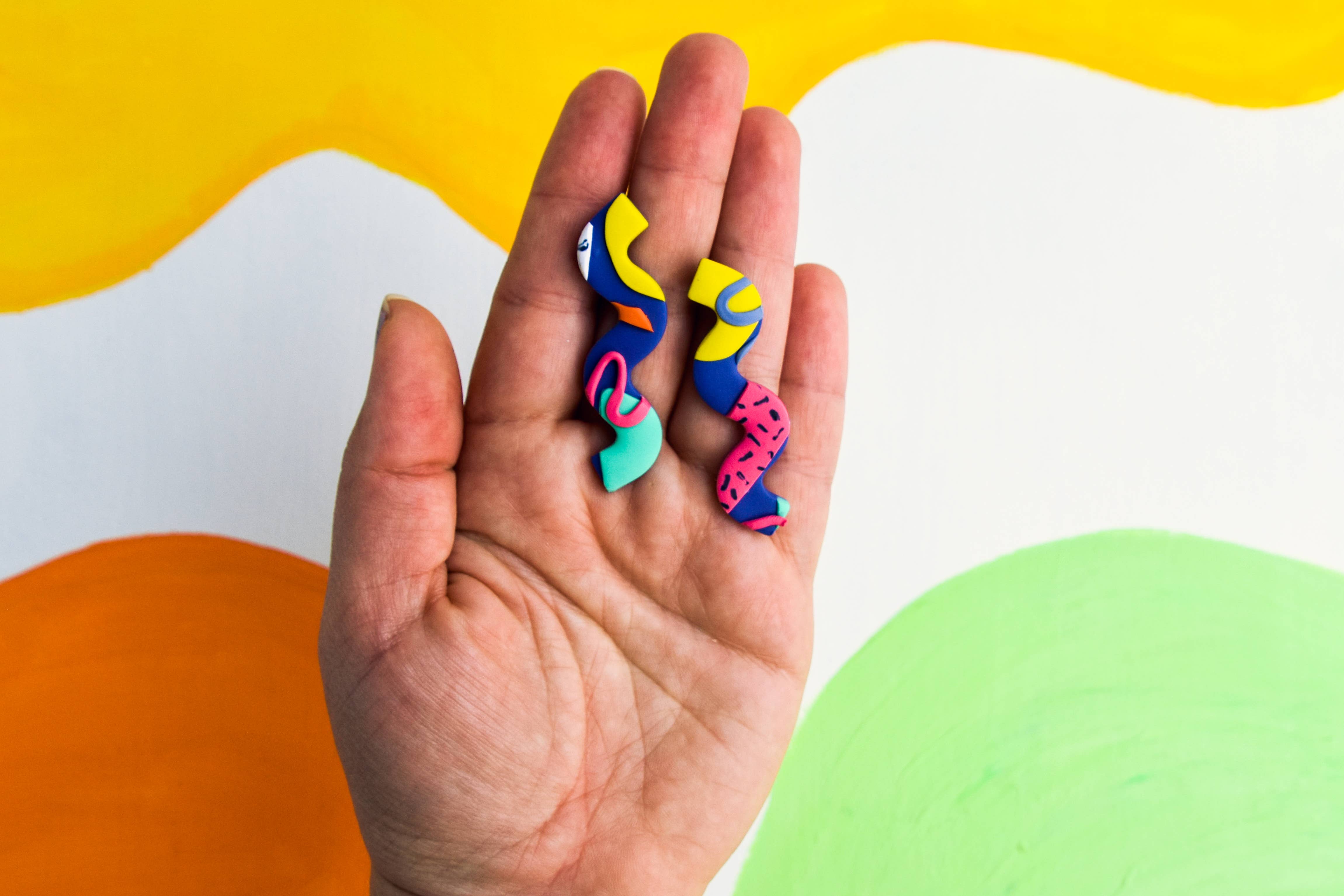 Lauren Likes Art - Wholesale Dangle Earrings - Colorful Squiggle Earring 90s Purple Polymer Clay Wavy Stud4