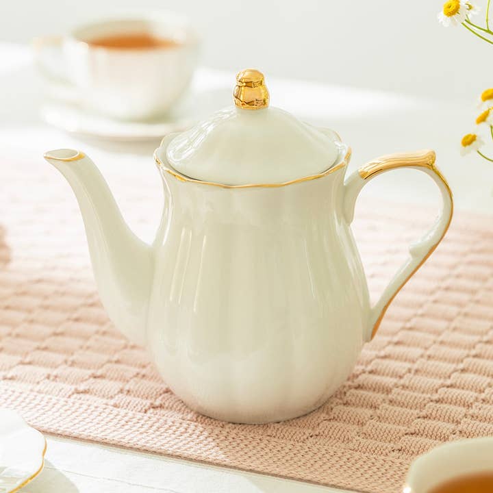 Grace Teaware - Wholesale Tea Pot - White Gold Scallop 40oz Fine Porcelain Teapot0