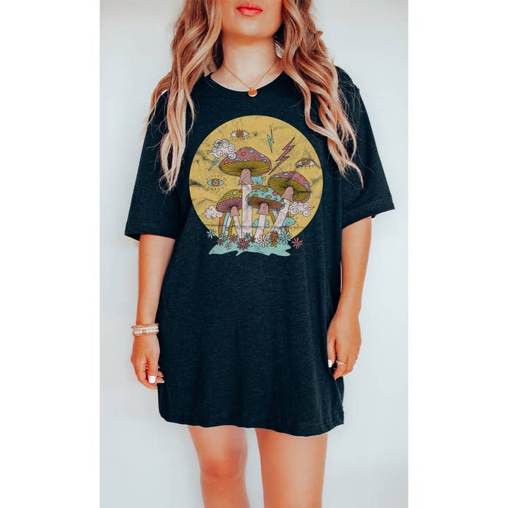 Vintage Groovy Mushroom Oversized Graphic Tee for wholesale by Kissed Apparel