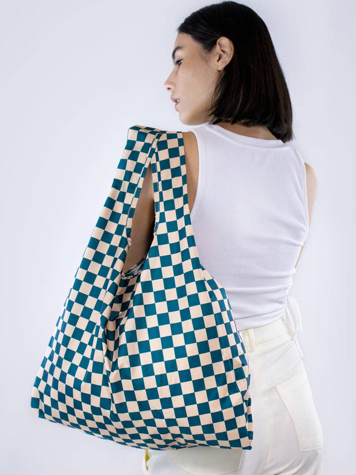 Borsa riutilizzabile media a scacchi turchese e beige per la vendita all'ingrosso da parte di Kind Bag