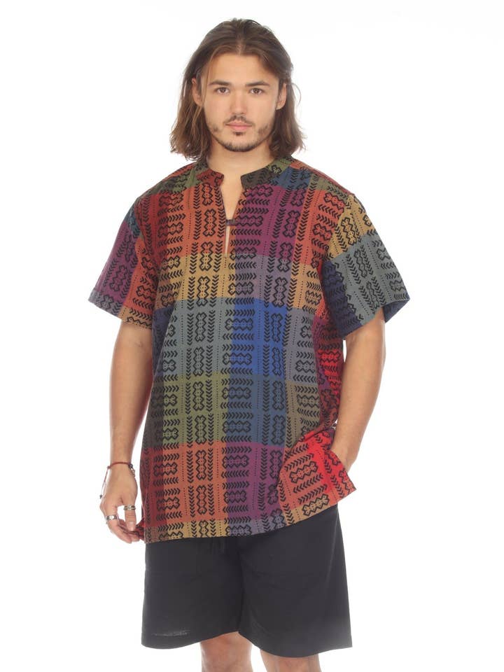 Woven Tribal Patch Print Short Sleeve Kurta for wholesale by Lakhays Collection Inc.