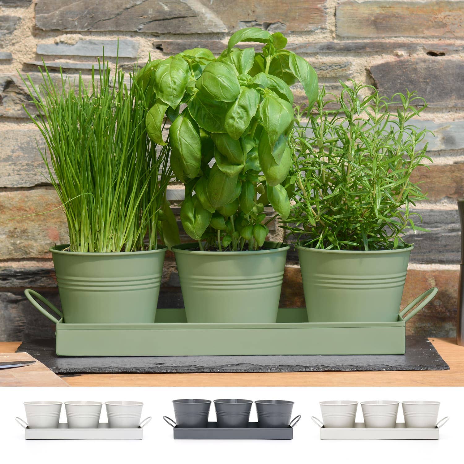 Wholesale Gifts Tomorrow – wholesale Plant pot – Set of 3 Metal Herb/Plant Pots with Drip Tray (Sage Green)2