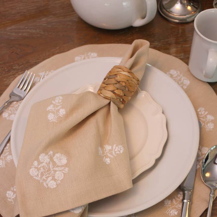 Natural White Embroidered Dinner Napkins in Linen Cotton, Set of Four for wholesale on Faire0