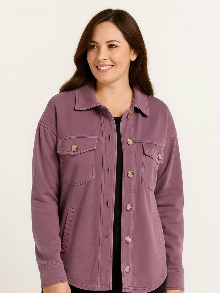 EM5635 Sienna 2 pocket French Terry Shacket for wholesale by Dash Clothing Inc.