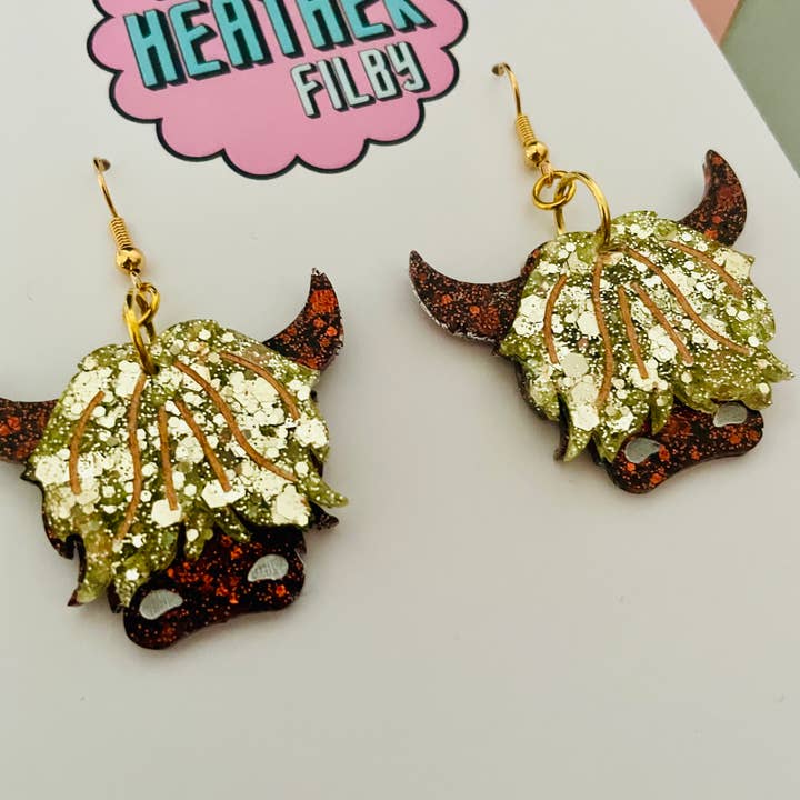 By Heather Filby - Wholesale Dangle Earrings - Highlands Cow Glitter Resin Earrings3
