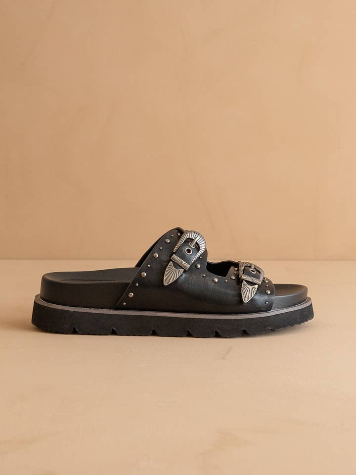 The Effie | Black Double Western Buckle Slides for wholesale by OASIS SOCIETY