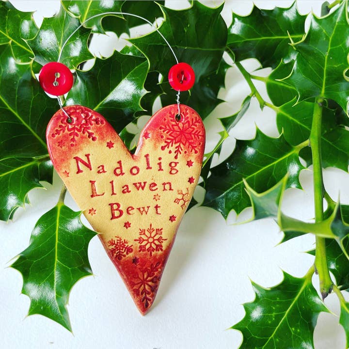 Nadolig Llawen Bewt/Butty Handmade Heart Decoration for wholesale by Love & Lovelier