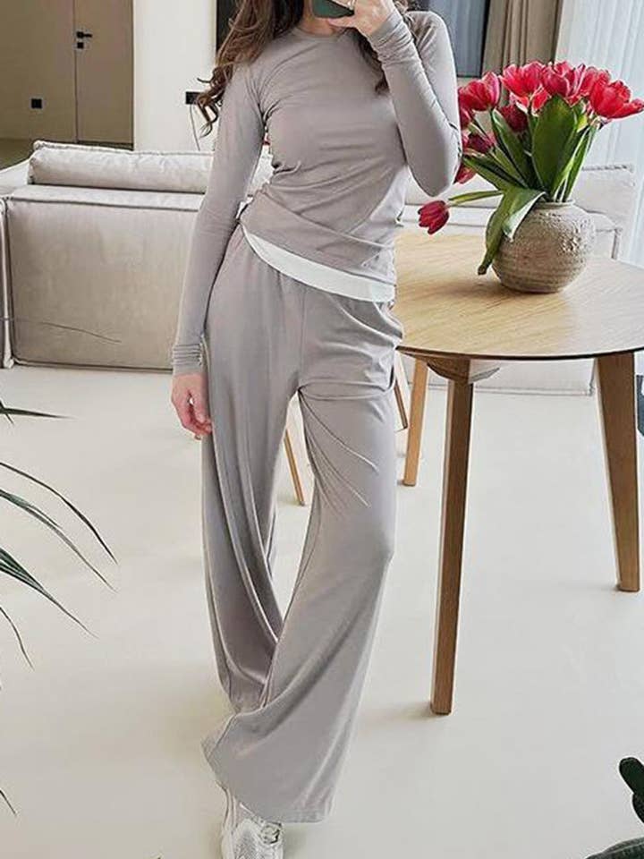 GREY Long-Sleeve Flared Pants Set for wholesale on Faire