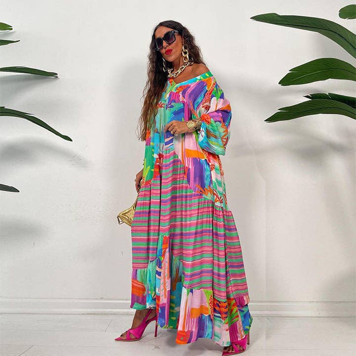 Multicolor Oversized V-Neck Color Blocking Graphic Printed Vintage Boho Maxi Dress for wholesale on Faire