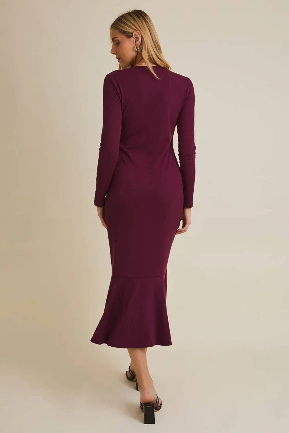 Wine Plum Ribbed Button Front Long Sleeve V-Neck Midi Dress with Flare Hem for wholesale on Faire1