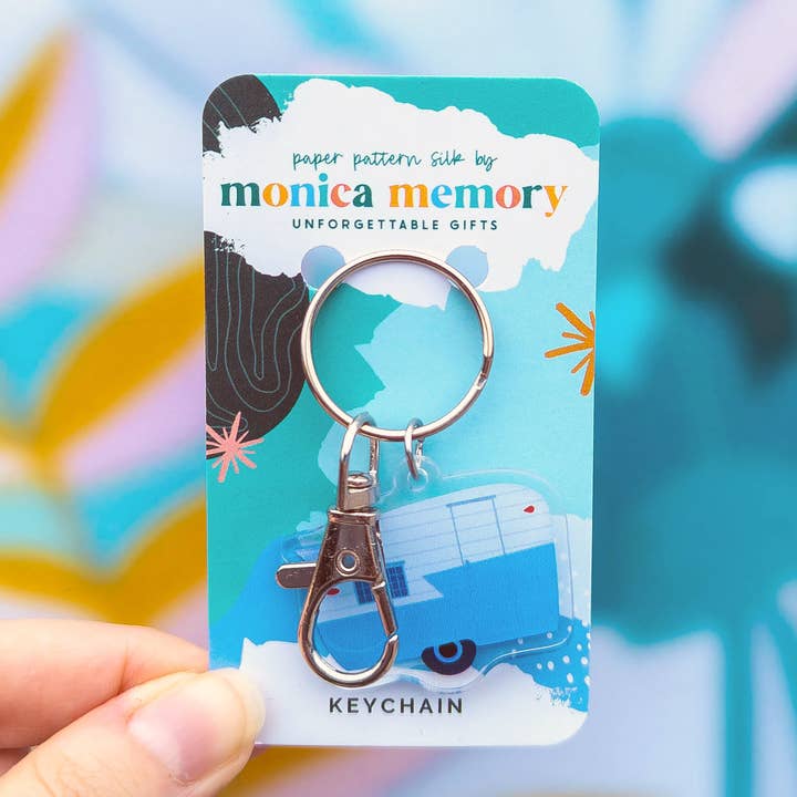 Blue Retro Camper Keychain - Camping Gift, Trailers for wholesale by Paper Pattern Silk