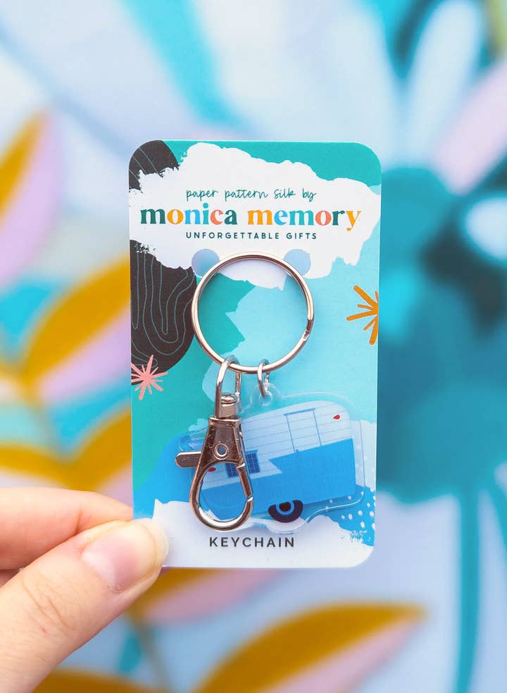 Paper Pattern Silk - Wholesale Keychain - Women's - Blue Retro Camper Keychain - Camping Gift, Trailers0
