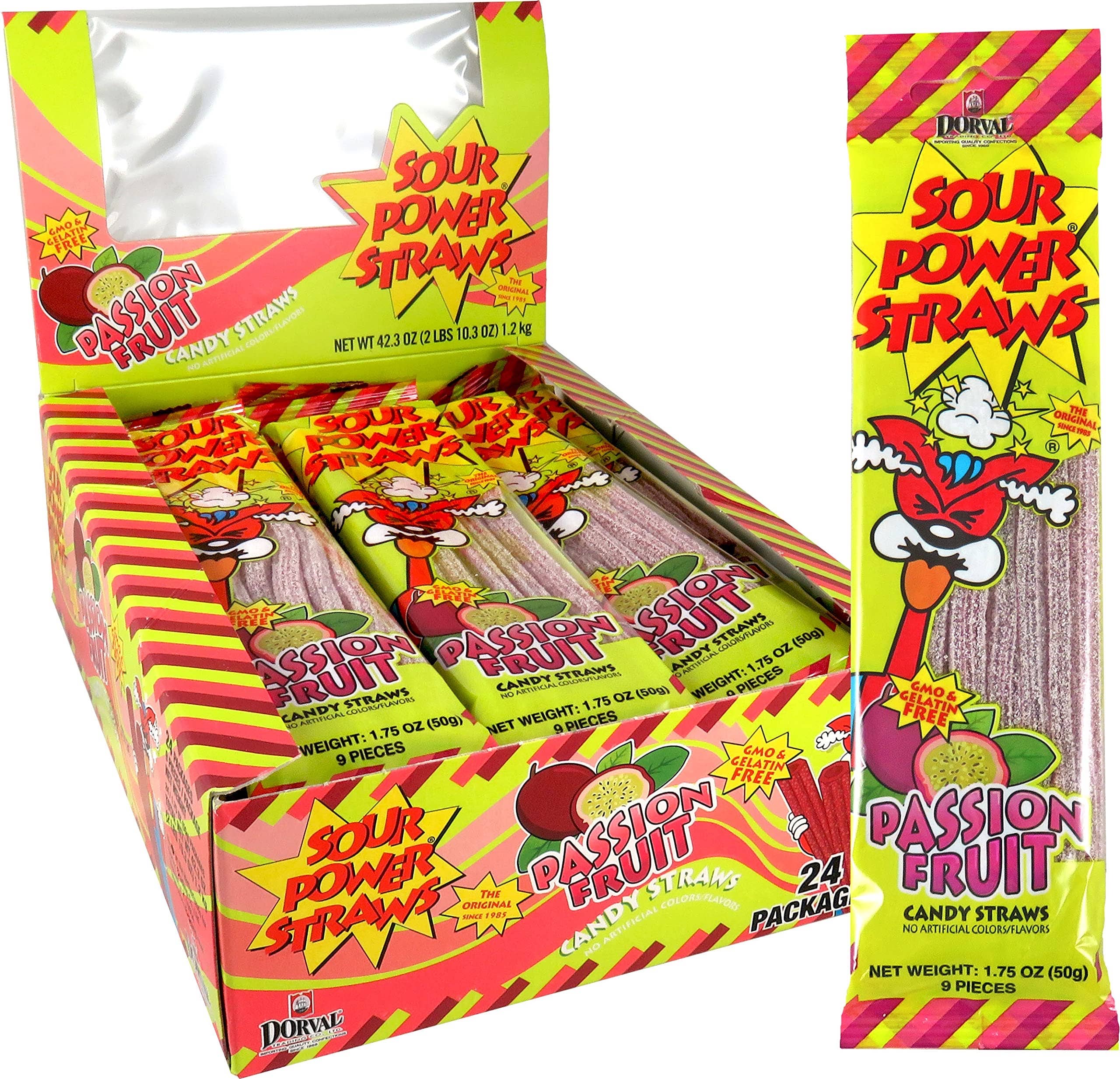 Long Island Candy Factory - Wholesale Gummy - Sour Power Passionfruit Candy Straw 24 Count 1.75 ounce0