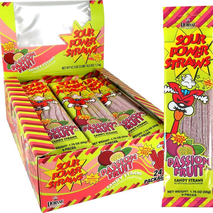 Long Island Candy Factory - Wholesale Gummy - Sour Power Passionfruit Candy Straw 24 Count 1.75 ounce