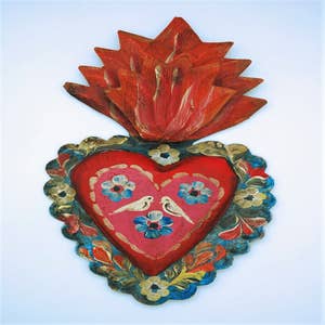 4 Zapotec Hand Painted Fuchsia Wood Heart Ornaments - Fuchsia Zapotec Heart