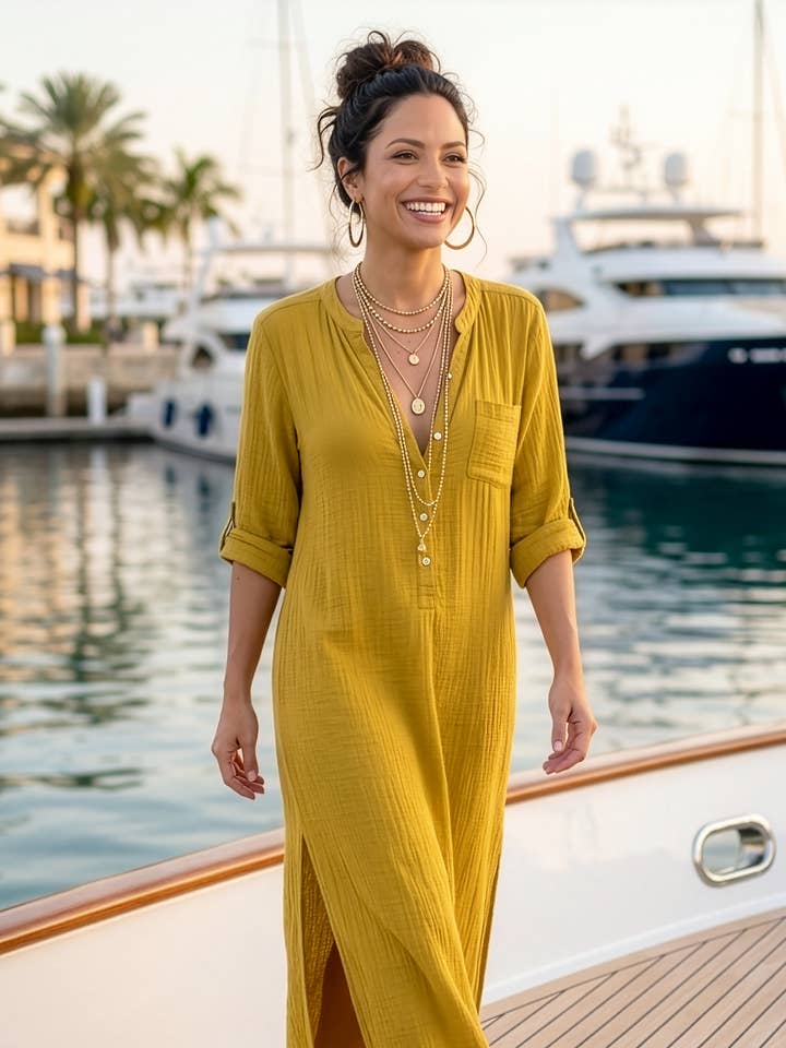 Tracey Caftan - Peridot Cotton Bubble Gauze for wholesale by Everyday Ritual