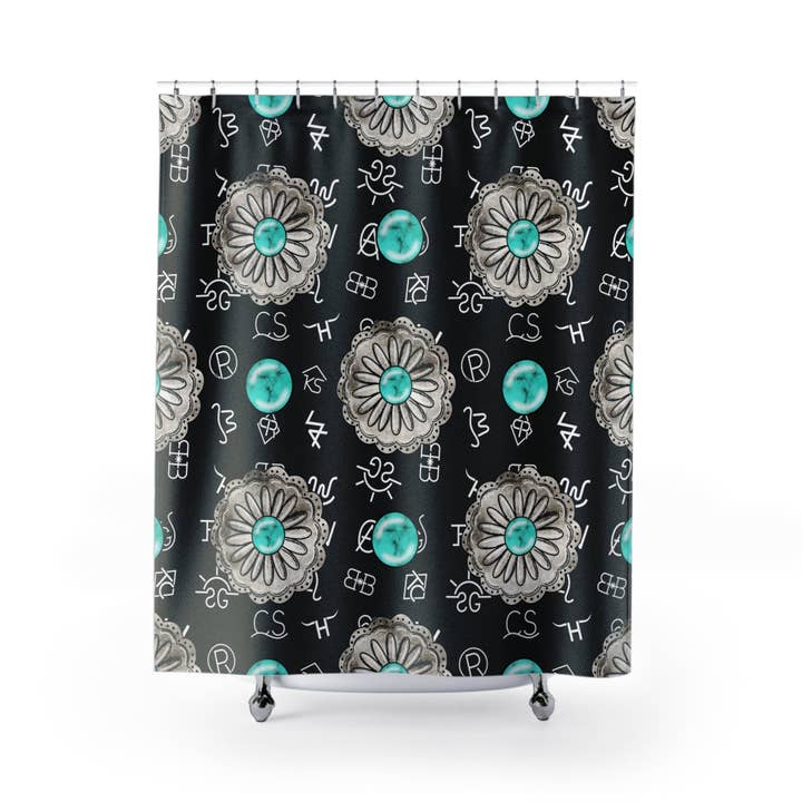 The Sterling Gypsy – Cortina de chuveiro por atacado – Marca de gado ocidental, marca agrícola, pedra turquesa, concho, cortina de chuveiro preta, cowgirl, quinta, preto e branco