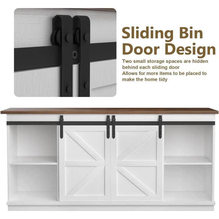 Bright White 65 Inch Farmhouse TV Stand With Sliding Barn Doors for wholesale on Faire3