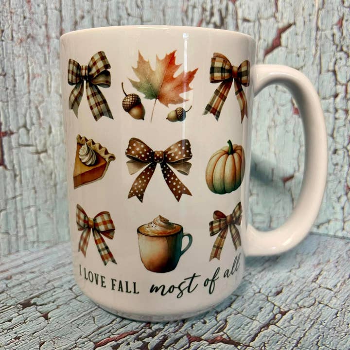 Tasse à café Love Fall Most Of All Coquette 15 oz pour la vente par Prairie Chicken Sticker Shop & Gifts