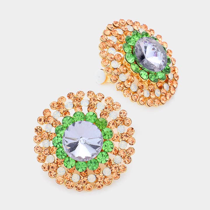 Boucles d'oreilles de soirée rondes en cristal à clipser pour la vente par Sensibling Corp.