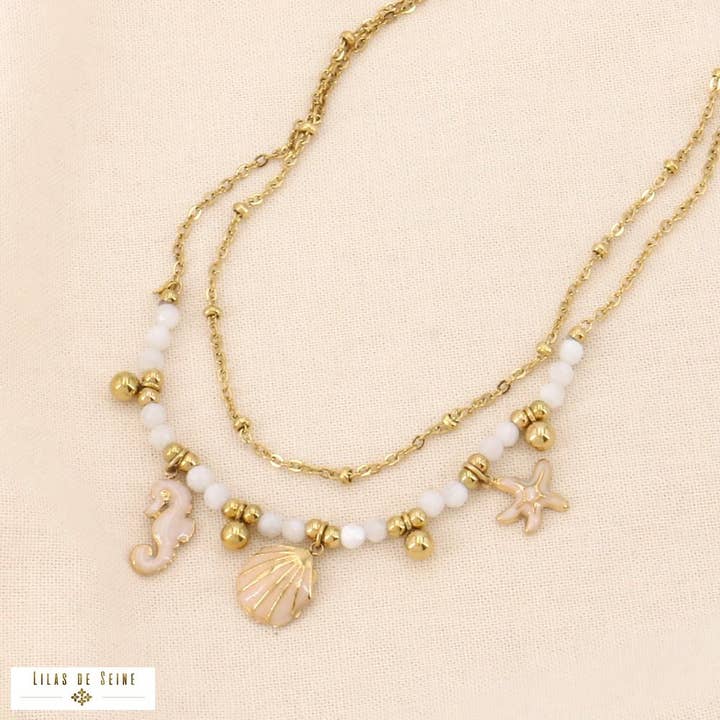 Lilas de Seine - Wholesale Pendant/Charm Necklace - 2-row necklace ball stone steel marine tassels 01240573