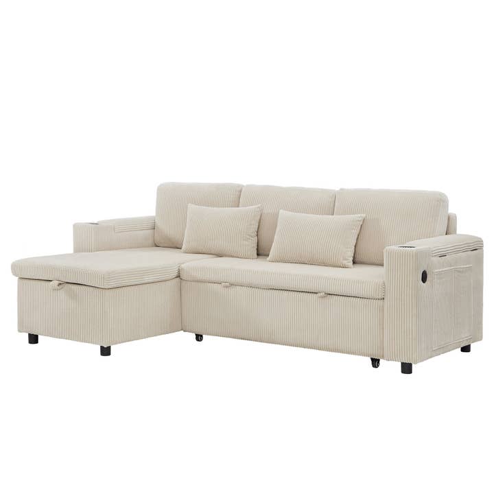 Beige corduroy 3-seater sofa bed trundle bed with storage and USB ports SPELEOTHEM UK for wholesale by Urban Meuble UK
