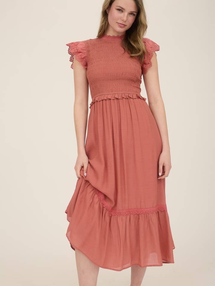 Blu Pepper - Wholesale Dress - Women's - SMOCKED EYELET TRIM RUFFLE DETAIL MIDI DRESS