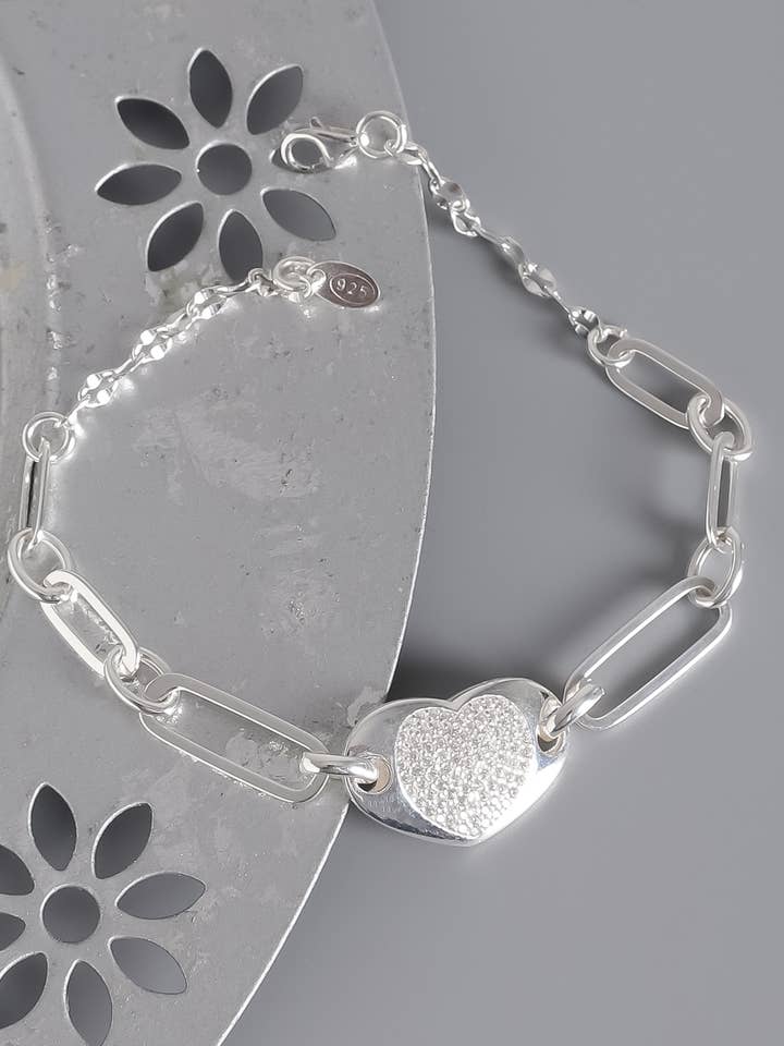 Pulseira em prata de lei com coração de corrente por atacado de AVENS