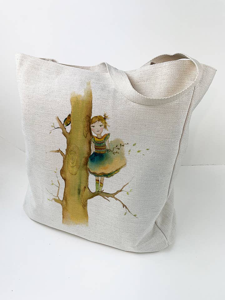 Large Linen/Canvas Tote Bag - Shared Secret - Tree Bird Girl for wholesale by Oladesign