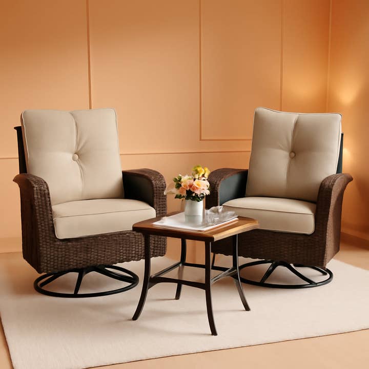 Two Outdoor Swivel Wicker Glider Patio Chairs With Table Set Brown Rattan And Beige Cushions for wholesale by ShipItFurniture