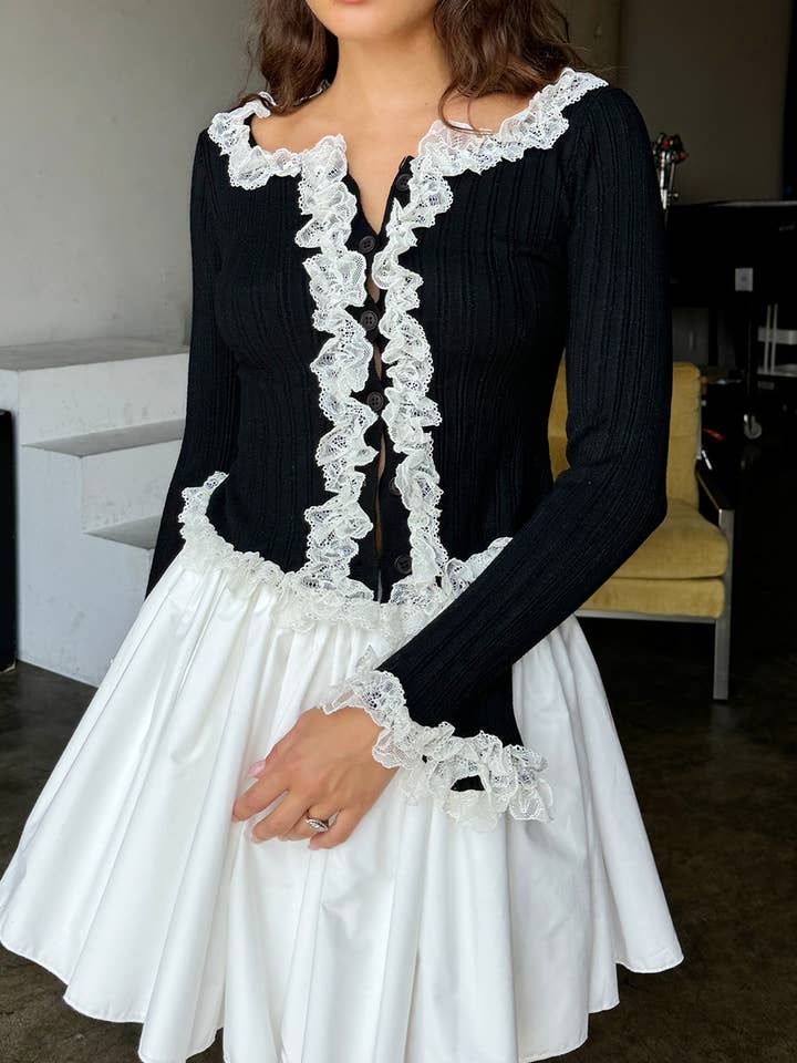 LACE TRIMMED RIBBED KNITTED CARDIGAN TOP for wholesale by FRECKLE LOS ANGELES