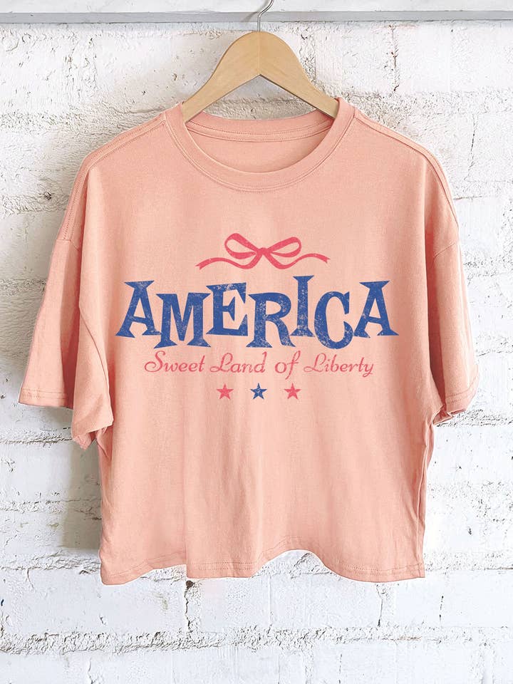 AMERIKA ZOET LAND VAN VRIJHEID STRIK GRAFISCHE LANGE CROP TOP voor wholesale door Rustee Clothing